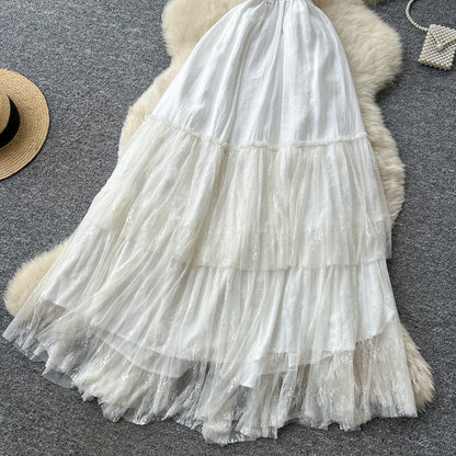 White Lace Halter Beach Dress – Spring-Summer Open-Back Tiered Cake Maxi, Vacation Bridal Sundress