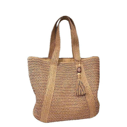 Wooden Bead Tassel Handwoven Bag – Large Straw Tote, Vacation Beach Shoulder & Hand Purse