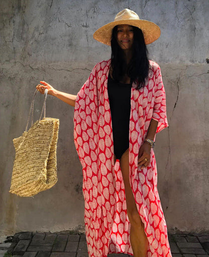 Cotton Leaf Print Beach Cover-Up ¨C Sexy Cardigan Style Vacation Sun Protection Dress
