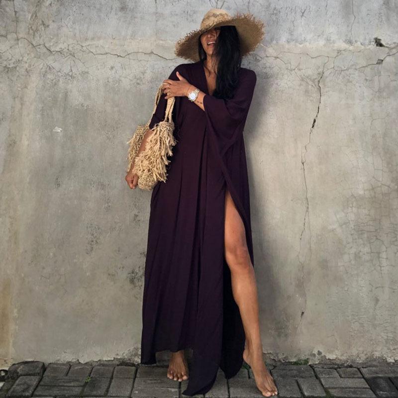 Solid Color Beach Maxi Robe ¨C Loose Bikini Cover-Up Dress, Vacation Swimsuit Long Kimono