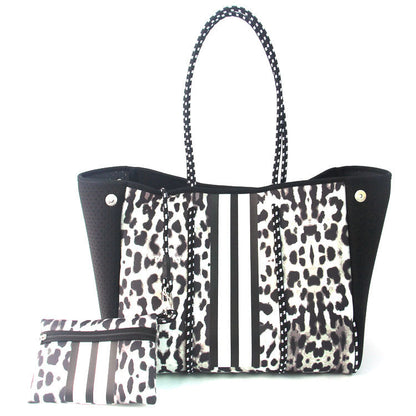 Camo Leopard Black Print Beach Tote – Women’s Neoprene Travel Bag, Diving Fabric Casual Handbag