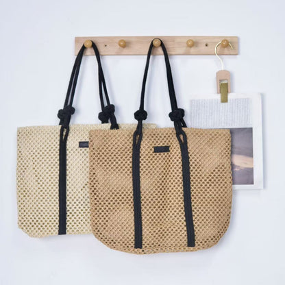 Embroidered Cotton Rope Strap Straw Bag – Hollow-Out Woven Beach Tote, Vacation Shoulder Purse