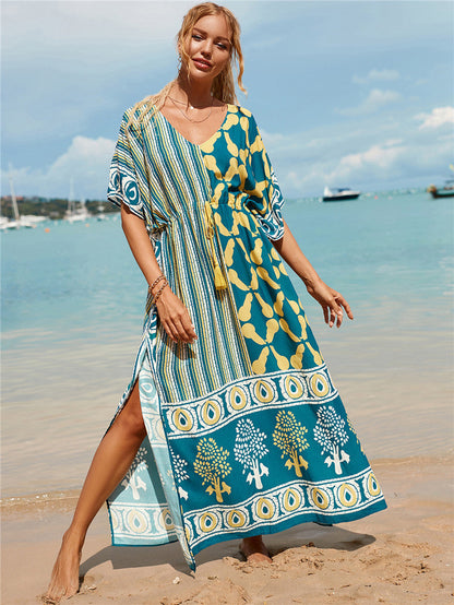 Printed Beach Cover-Up Maxi Dress ¨C Vacation Bikini Kimono, Sun Protection Long Dress