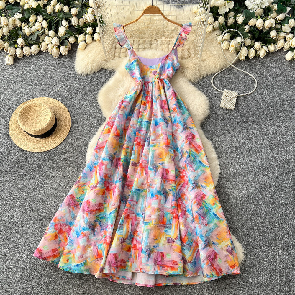 Floral Print Dress – V-Neck Adjustable Strap Midi, Spring-Summer Beach Vacation Sundress