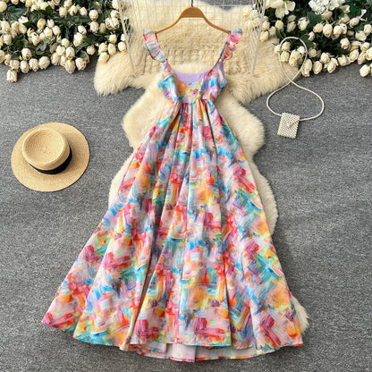 Floral Print Dress – V-Neck Adjustable Strap Midi, Spring-Summer Beach Vacation Sundress