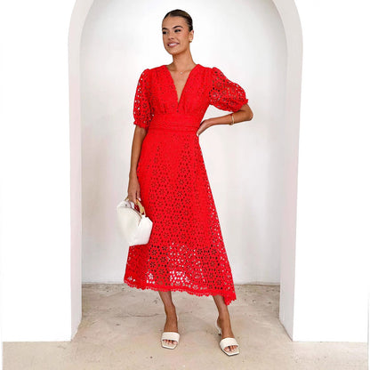 Dress skirt V-neck sexy waist solid color lace hollow dress