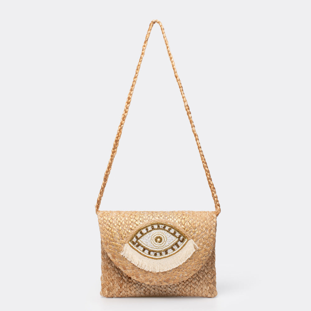 Beaded Patch Jute Bag – Bohemian Handwoven Clutch, Vacation Woven Shoulder Purse