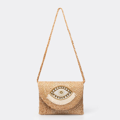 Beaded Patch Jute Bag – Bohemian Handwoven Clutch, Vacation Woven Shoulder Purse