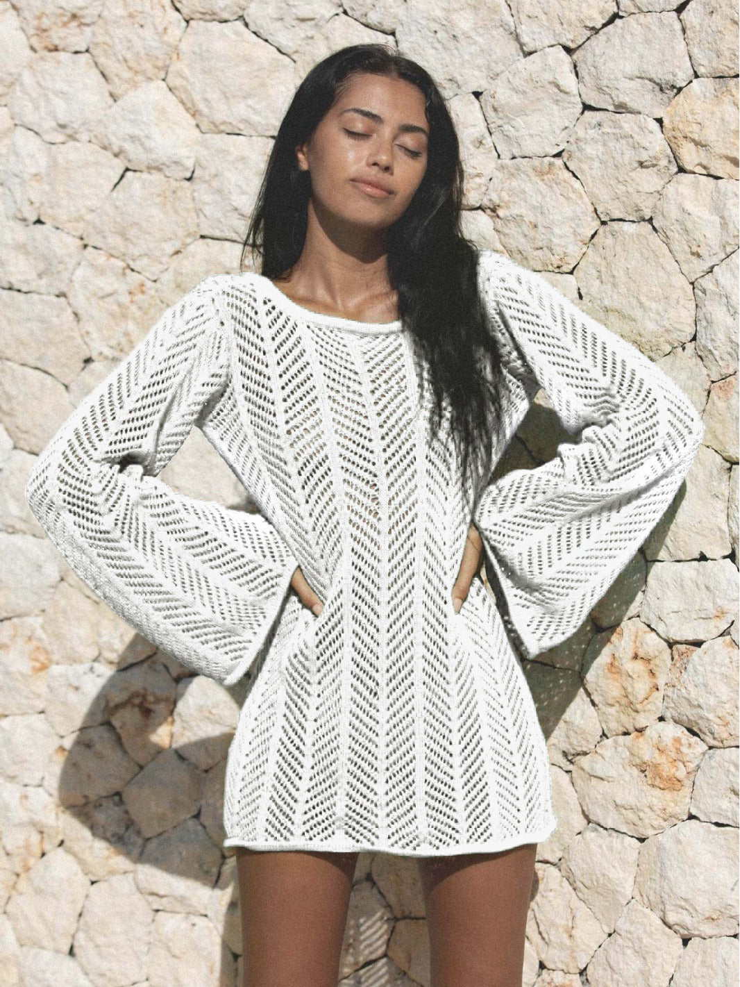 Sexy Knitted Hollow-Out Beach Cover-Up ¨C Long Sleeve Bikini Kimono, Women¡¯s Vacation Outerwear