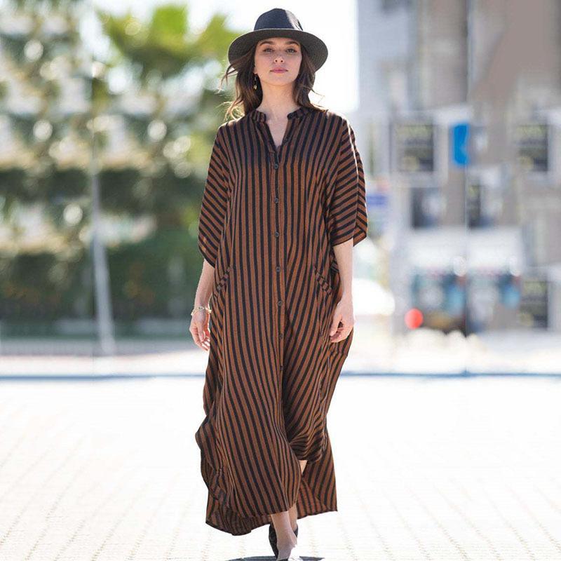 Black & Brown Striped Beach Robe ¨C Sexy Single-Breasted Bikini Cover-Up, Vacation Kimono