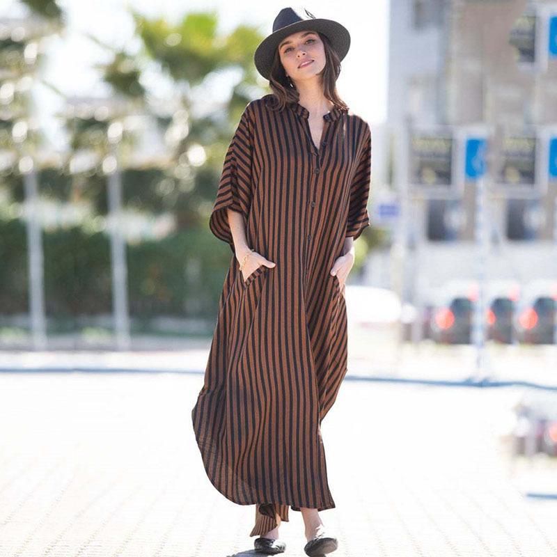 Black & Brown Striped Beach Robe ¨C Sexy Single-Breasted Bikini Cover-Up, Vacation Kimono
