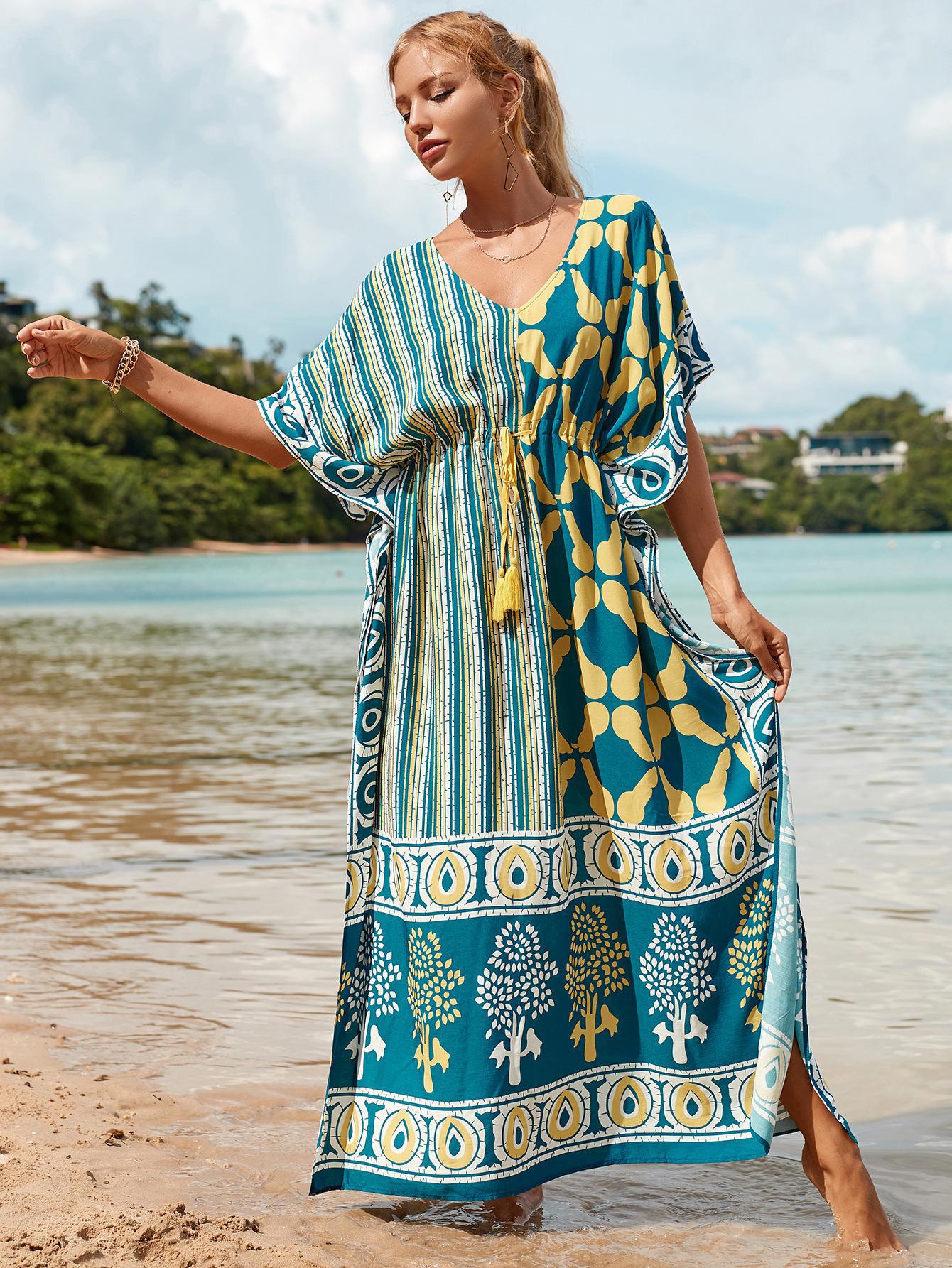 Printed Beach Cover-Up Maxi Dress ¨C Vacation Bikini Kimono, Sun Protection Long Dress
