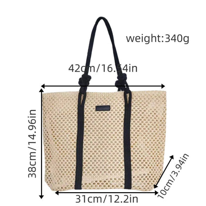 Embroidered Cotton Rope Strap Straw Bag – Hollow-Out Woven Beach Tote, Vacation Shoulder Purse