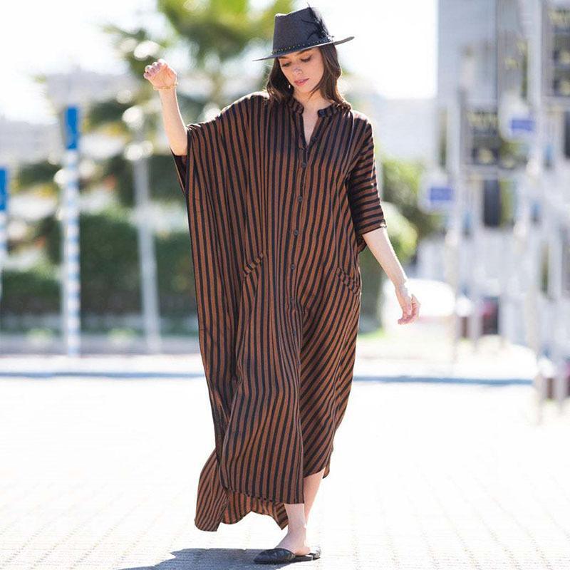 Black & Brown Striped Beach Robe ¨C Sexy Single-Breasted Bikini Cover-Up, Vacation Kimono