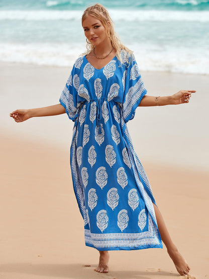 Printed Beach Cover-Up Maxi Dress ¨C Vacation Bikini Kimono, Sun Protection Long Dress