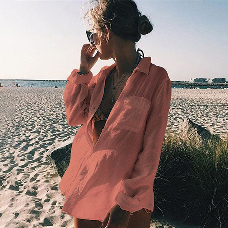 Crinkled Fabric Shirt Beach Cover-Up ¨C Casual Sun Protection Dress, Vacation Swimsuit Outerwear