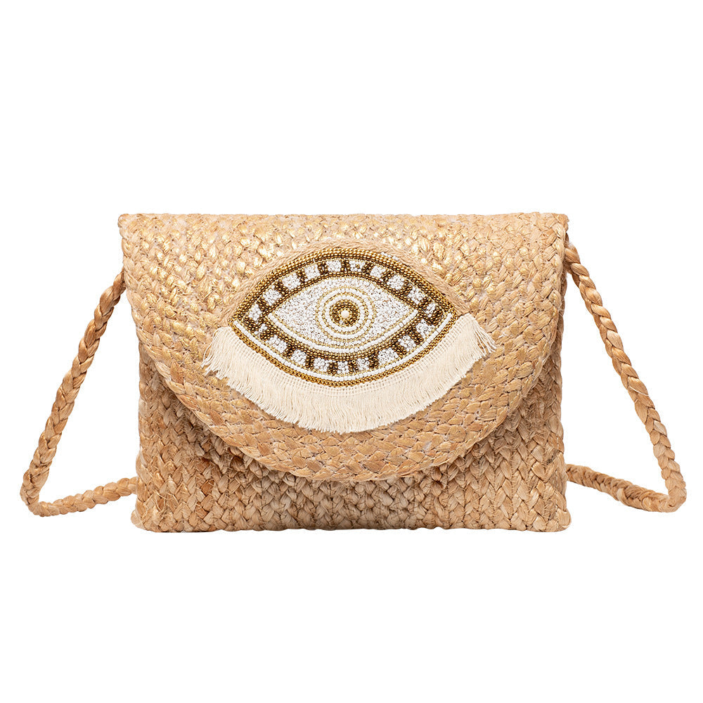 Beaded Patch Jute Bag – Bohemian Handwoven Clutch, Vacation Woven Shoulder Purse