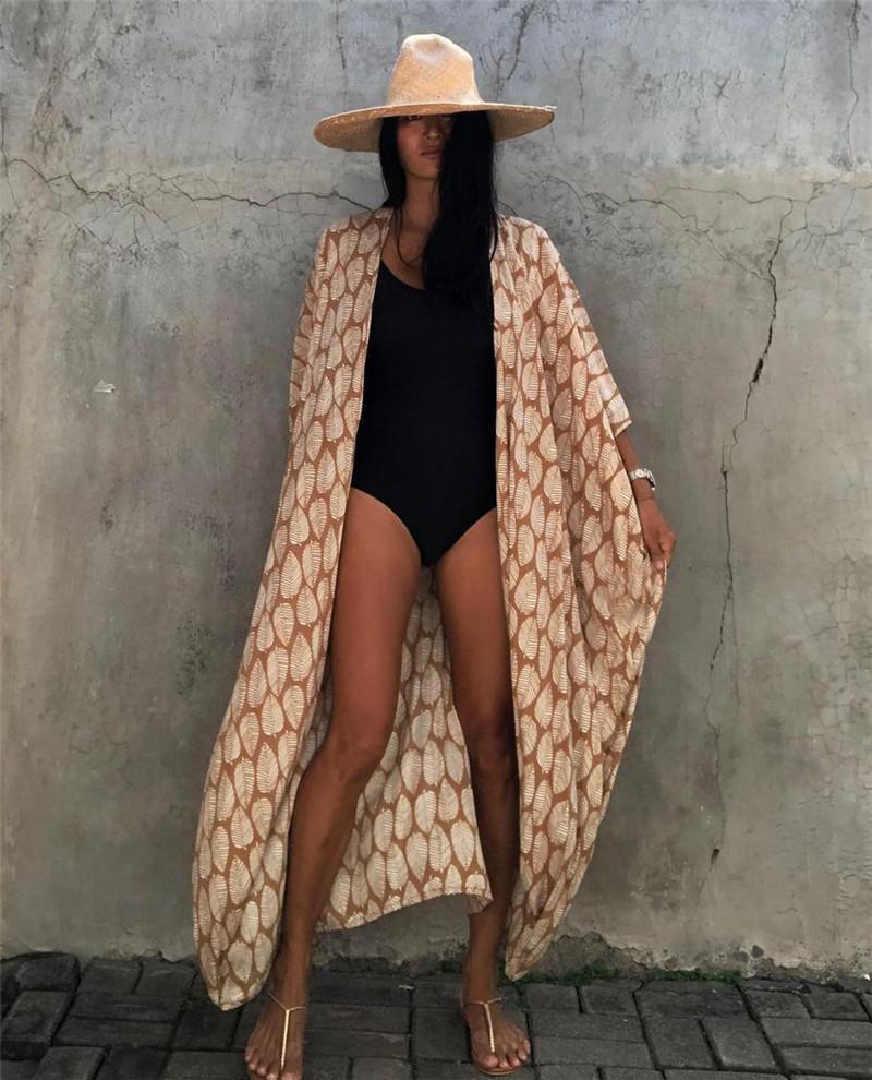 Cotton Leaf Print Beach Cover-Up ¨C Sexy Cardigan Style Vacation Sun Protection Dress