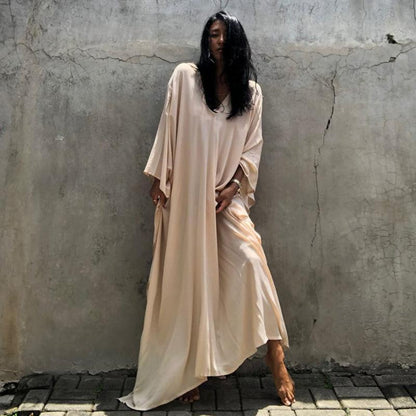 Solid Color Beach Maxi Robe ¨C Loose Bikini Cover-Up Dress, Vacation Swimsuit Long Kimono