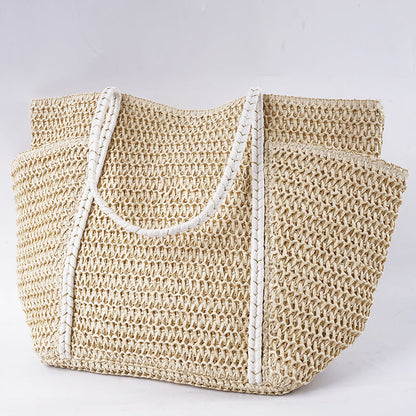 Summer Straw Tote – Women’s Large Shoulder Beach Bag, Patchwork Handwoven Purse