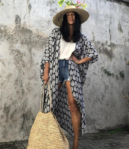 Cotton Leaf Print Beach Cover-Up ¨C Sexy Cardigan Style Vacation Sun Protection Dress