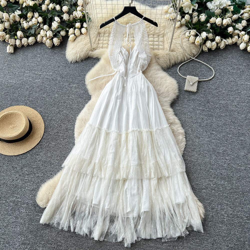 White Lace Halter Beach Dress – Spring-Summer Open-Back Tiered Cake Maxi, Vacation Bridal Sundress