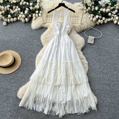 White Lace Halter Beach Dress – Spring-Summer Open-Back Tiered Cake Maxi, Vacation Bridal Sundress