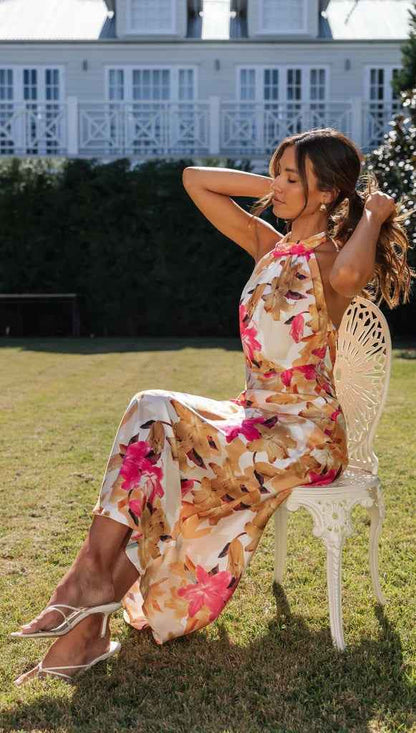 Summer Satin Dress Elegant Sleeveless Mock Neck Cocktail Party Maxi Dresses Sexy Halter Neck Floral Print Slim Casual dress
