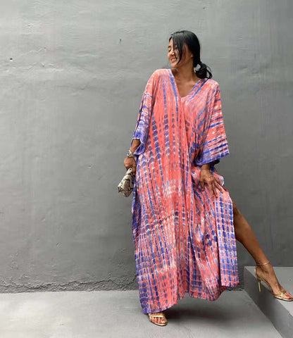 Cotton Ombre Beach Robe ¨C Loose Striped Bikini Cover-Up Dress, Vacation Maxi Kimono