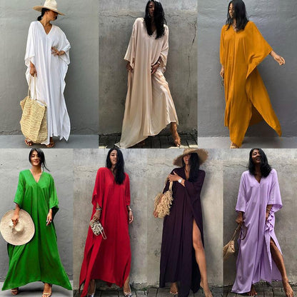 Solid Color Beach Maxi Robe ¨C Loose Bikini Cover-Up Dress, Vacation Swimsuit Long Kimono