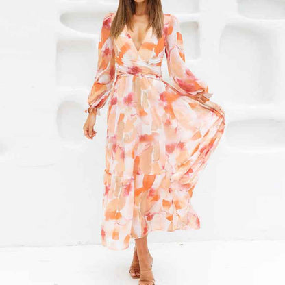 Bohemian female Long Lantern Sleeves Dress-Boho deep V printing high waist casual dress for women