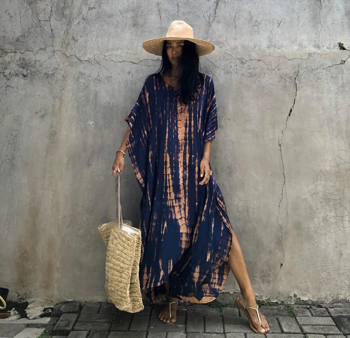 Cotton Ombre Beach Robe ¨C Loose Striped Bikini Cover-Up Dress, Vacation Maxi Kimono