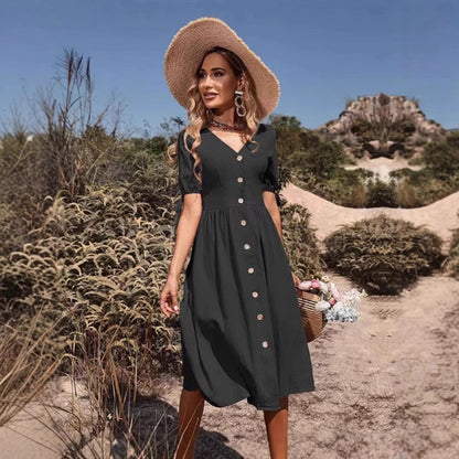 Women's Summer Short Sleeve Solid V-Neck A-Line Dress – Commuter Office Midi