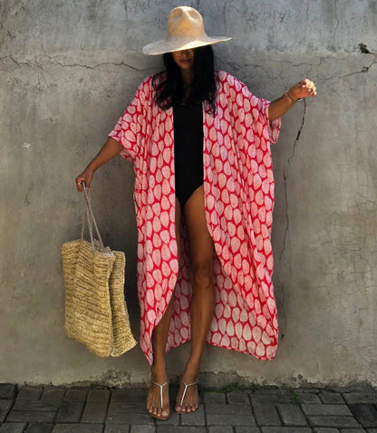 Cotton Leaf Print Beach Cover-Up ¨C Sexy Cardigan Style Vacation Sun Protection Dress