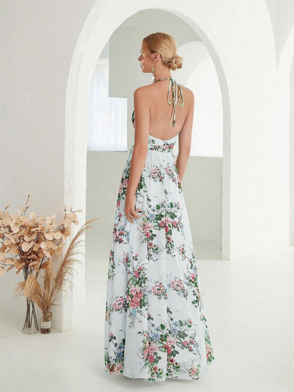 Halter Neck Open-Back Chiffon Dress