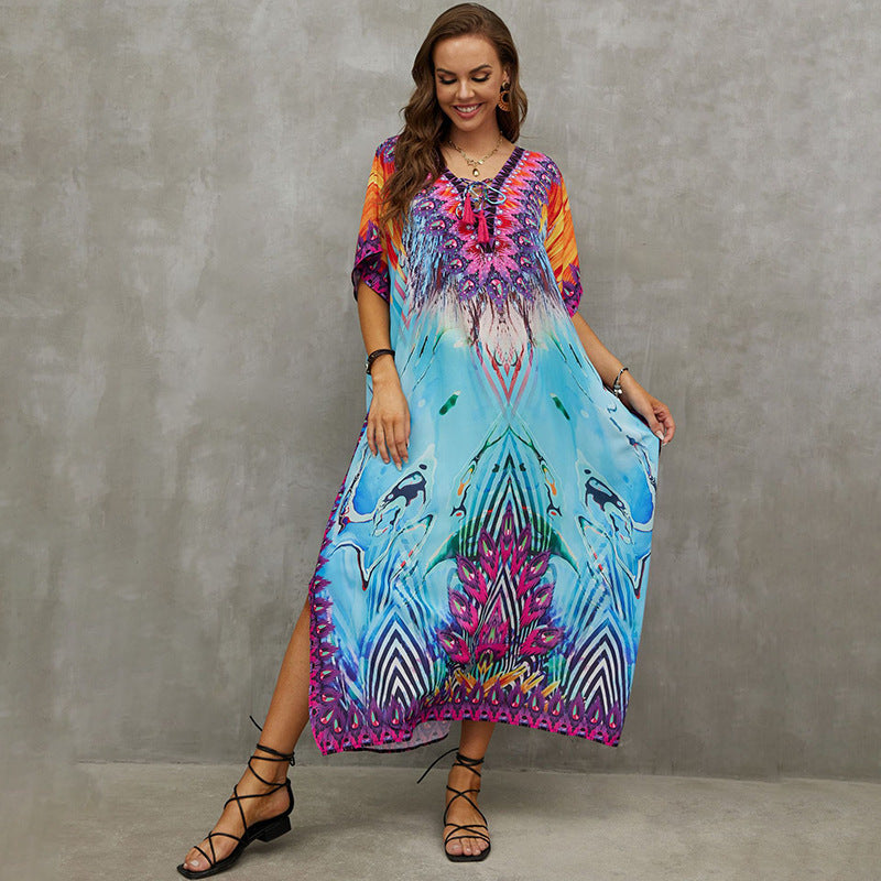 Tie-Strap Beach Cover-Up Dress ¨C Vacation Kimono Robe Maxi