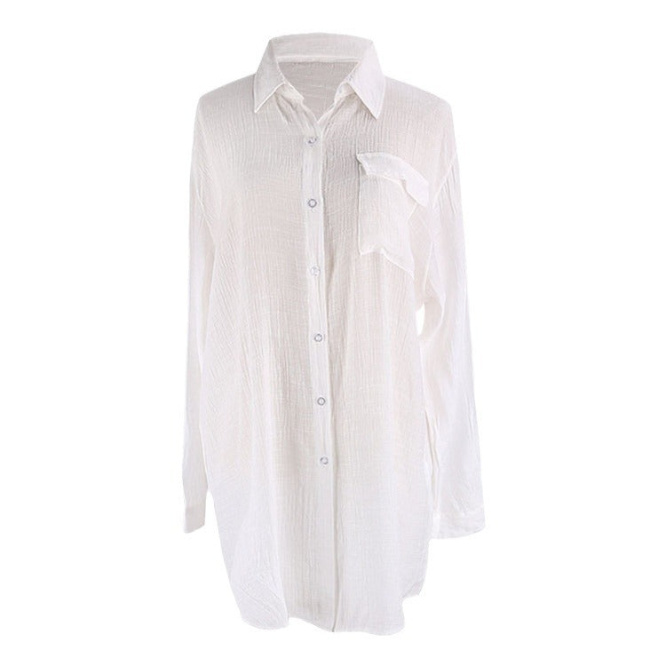 Crinkled Fabric Shirt Beach Cover-Up ¨C Casual Sun Protection Dress, Vacation Swimsuit Outerwear