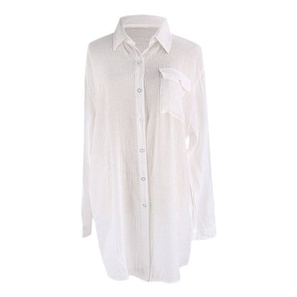 Crinkled Fabric Shirt Beach Cover-Up ¨C Casual Sun Protection Dress, Vacation Swimsuit Outerwear