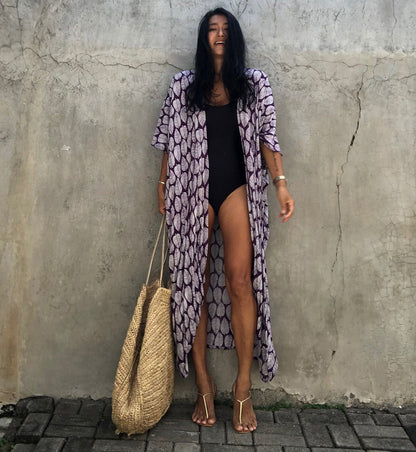 Cotton Leaf Print Beach Cover-Up ¨C Sexy Cardigan Style Vacation Sun Protection Dress