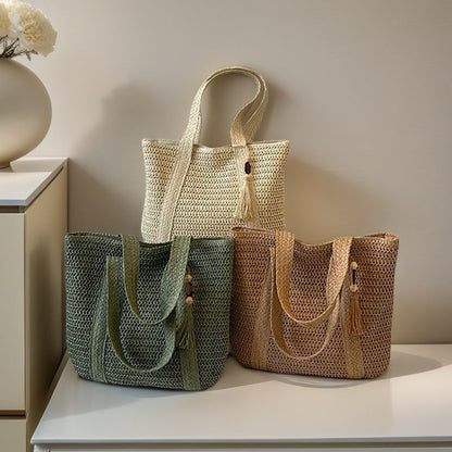 Wooden Bead Tassel Handwoven Bag – Large Straw Tote, Vacation Beach Shoulder & Hand Purse