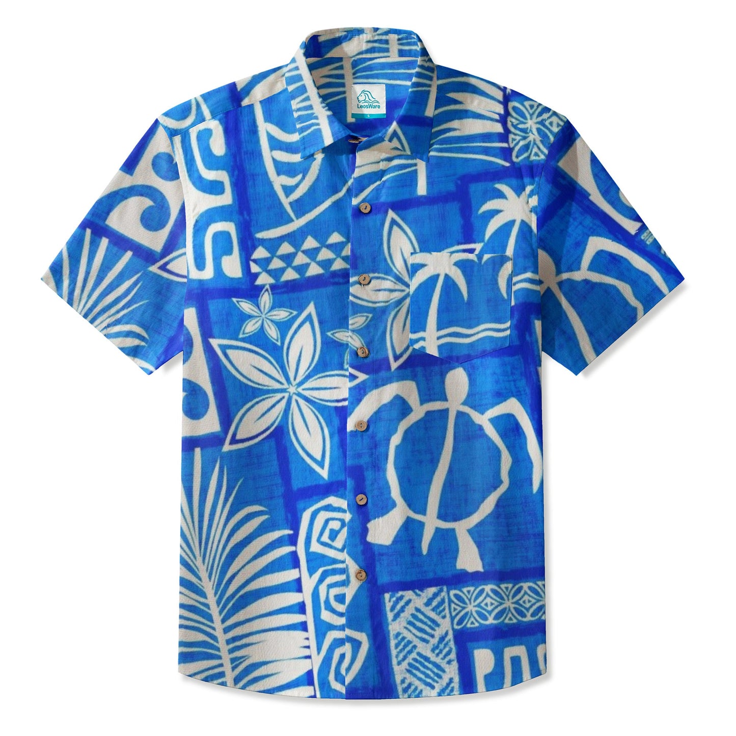 LeosWare® Men's Hawaiian Shirt Short Sleeve Button-up Breathable & Quick-Dry Aloha Tiki Mood(Deep Teal)