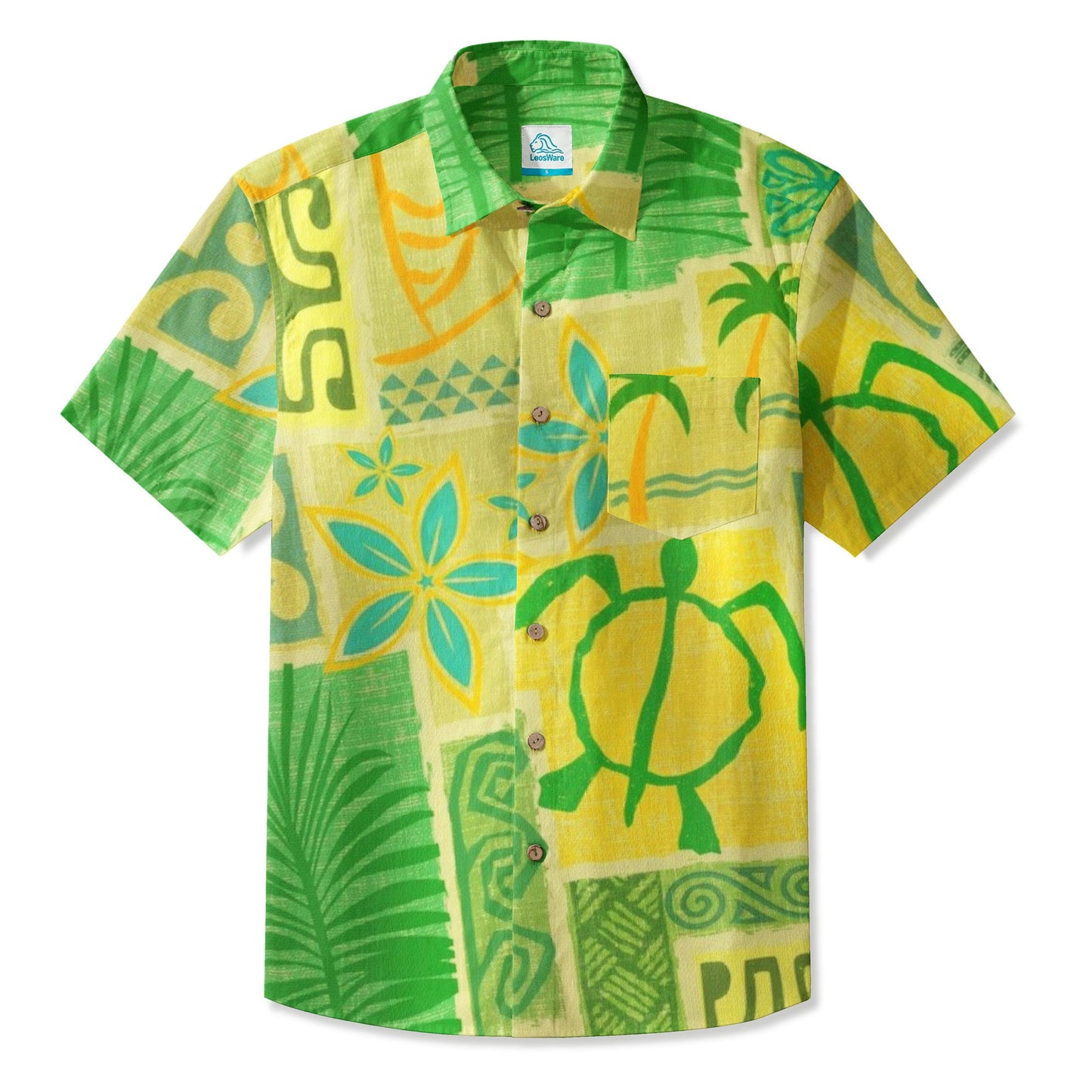 LeosWare® Men's Hawaiian Shirt Short Sleeve Button-up Breathable & Quick-Dry Aloha Tiki Mood(Deep Teal)