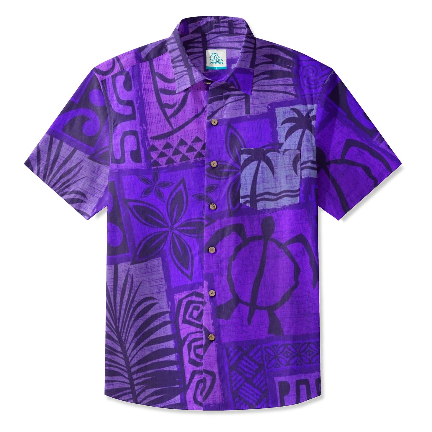LeosWare® Men's Hawaiian Shirt Short Sleeve Button-up Breathable & Quick-Dry Aloha Tiki Mood(Deep Teal)