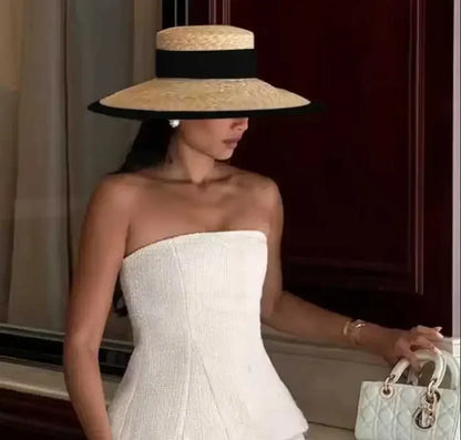 Summer Straw Hat 2024 New Flat Top French Straw Hat Elegant Women's Outdoor Vacation Sun Hat Summer Hat 모자 gorras beach