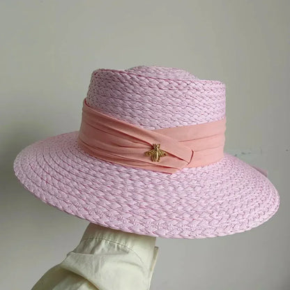 Summer Straw Hat 2024 New Flat Top French Straw Hat Elegant Women's Outdoor Vacation Sun Hat Summer Hat 모자 gorras beach