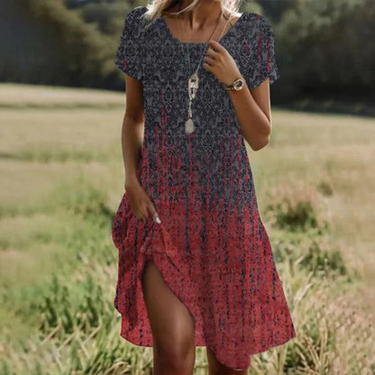Artistic Ethnic Style Round Neck Medium-Length Dress Summer