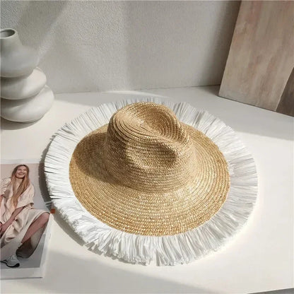 Straw summer hat French elegant ladies seaside travel sun hat Hepburn style wide brim hat  햇빛가리개 모자 모자