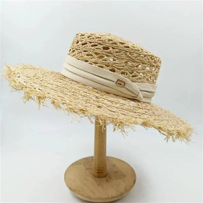 Summer Straw Hat 2024 New Flat Top French Straw Hat Elegant Women's Outdoor Vacation Sun Hat Summer Hat 모자 gorras beach