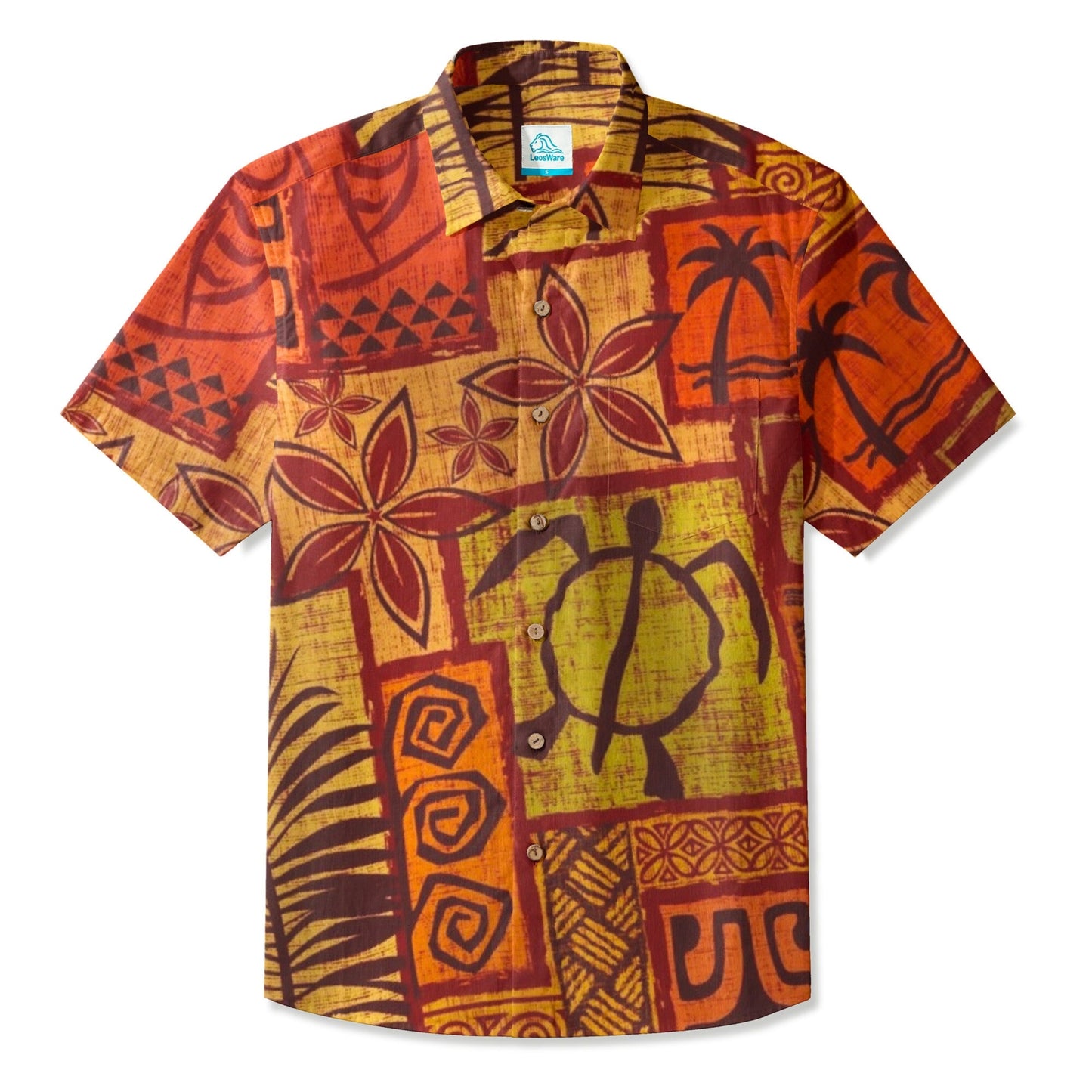 LeosWare® Men's Hawaiian Shirt Short Sleeve Button-up Breathable & Quick-Dry Aloha Tiki Mood(Deep Teal)