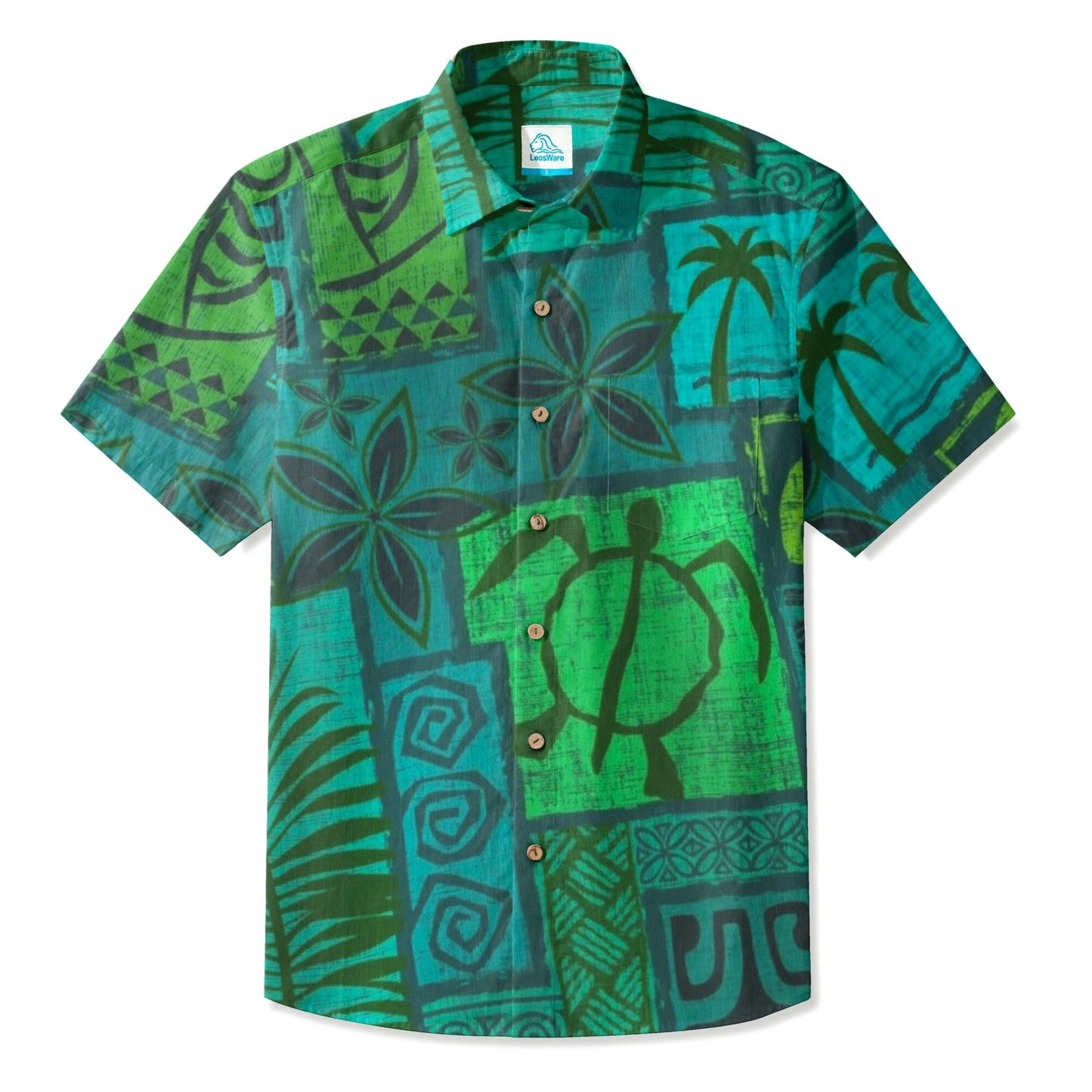 LeosWare® Men's Hawaiian Shirt Short Sleeve Button-up Breathable & Quick-Dry Aloha Tiki Mood(Deep Teal)